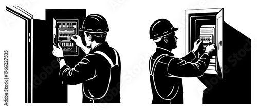 Electrician working on electrical panel board, maintenance worker repairing circuit breaker, industrial service professional vector