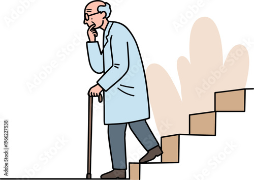 Elderly man thoughtfully descending stairs in a hand drawn style illustration, wearing glasses and a coat, isolated on a transparent background.