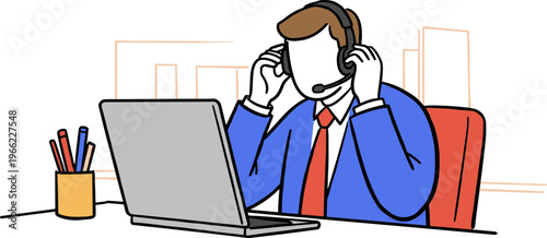 Businessman working on a laptop in a modern office with a headset, focused and professional against a simple background, isolated on a transparent background