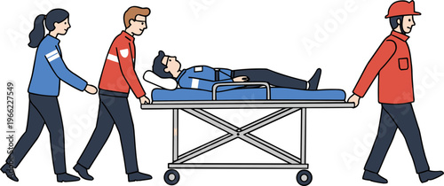 Four emergency responders carrying an injured person on a stretcher in a hand drawn style on a transparent background