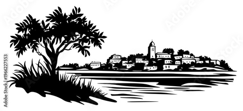 Mediterranean coastal town silhouette with tree and water, seaside village landscape, rustic linocut style illustration vector