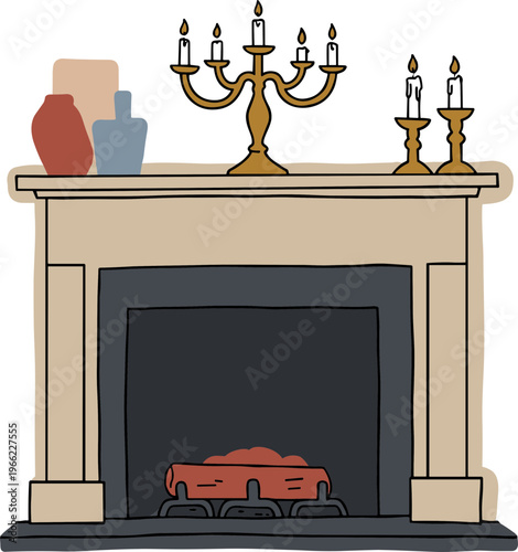 Hand drawn fireplace mantel with stylish decorations, including candles and vases, set against a transparent background for cozy indoor ambiance and decorative inspiration