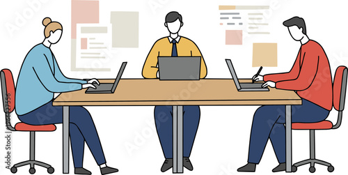 Three people working together at a desk with laptops in a modern office setting, colorful hand-drawn style on a transparent background
