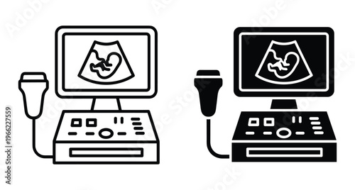Ultrasound machine icon set showing fetus on screen with transducer probe for pregnancy medical checkup diagnostic imaging equipment vector illustration