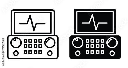 Medical heart monitor defibrillator ECG machine icon set showing heartbeat pulse line on screen with control buttons for hospital emergency care equipment
