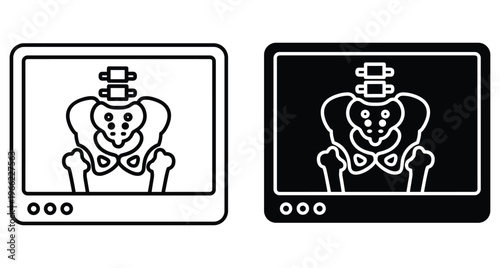 Pelvic x ray scan on medical monitor screen icon set showing human hip bone anatomy and spine for radiology diagnostic healthcare