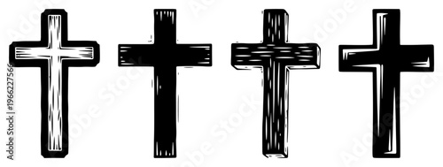 Christian cross silhouettes set, wooden religious crucifix collection, catholic and protestant spiritual symbols vector