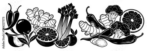 Fresh vegetables and fruits composition, healthy food collection with ginger chili broccoli and orange, rustic kitchen illustration vector