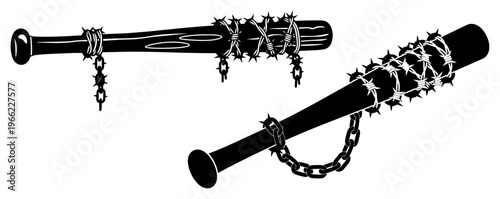 Barbed wire baseball bat silhouettes set, apocalyptic weapon with metal chains, street fighter or survivor tool vector illustration