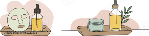 Hand drawn skincare products on a wooden tray with a face mask, oil bottle, and cream jar against a pastel background
