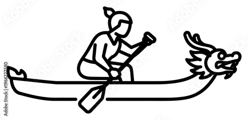 Dragon boat racing illustration, person paddling in traditional dragon boat, asian culture sports icon vector