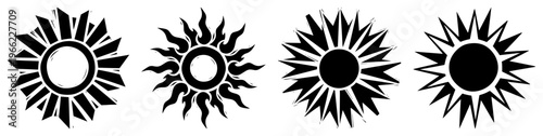 Sun icons and sunburst silhouettes set, different solar symbols for weather and energy, black and white vector graphic elements