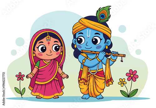 Little Krishna playing flute with Radha cute cartoon, Hindu deities chibi style character illustration, spiritual Indian mythology vector