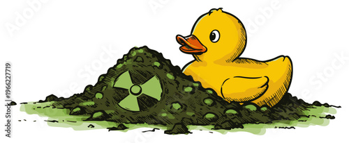 Yellow rubber duck in toxic waste pile, radiation symbol nuclear pollution concept, environmental hazard funny illustration vector