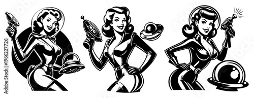 Retro sci-fi space women set, vintage pin-up girl with ray gun and ufo, classic comic book astronaut illustration vector