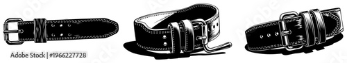 Leather belt with metal buckle set, classic apparel accessory silhouettes, detailed engraving style garment element vector