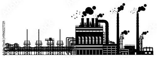 Industrial factory and oil refinery silhouette, chemical plant landscape with smoke stacks and pipes, industry concept vector