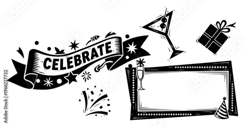 Celebration party elements set, celebrate ribbon banner with cocktails and gift, vintage woodcut style holiday illustration vector