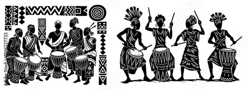 African tribal drummers silhouette set, traditional djembe players with ethnic patterns, ritual music and dance illustration vector