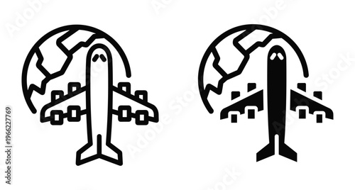 Airplane flying over globe icon set representing international travel global logistics aviation industry world flight routes tourism and air transportation services