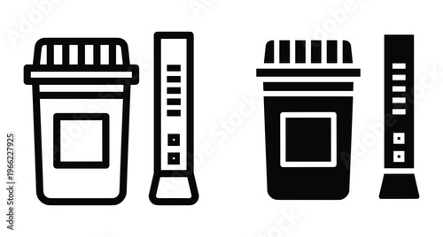 Medical urine test kit icons showing specimen cup and diagnostic dipstick in outline and solid black styles for clinical laboratory
