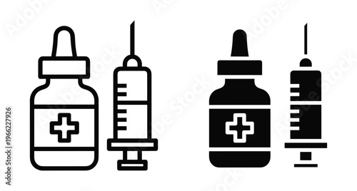 Medical vaccine bottle and syringe icons in outline and solid styles for healthcare vaccination immunization and clinical treatment equipment design