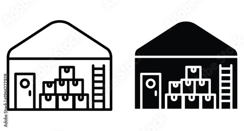 Warehouse storage unit building with stacked cardboard boxes delivery packages door and ladder icons in outline and solid black styles