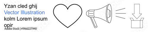 Marketing, communication, social media, promotions, online engagement, announcements. A heart, megaphone emitting waves and a download box icon. Marketing and communication visual