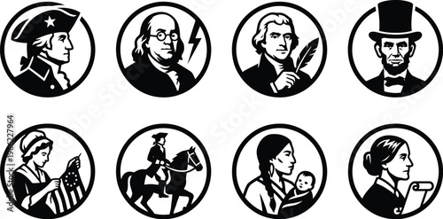 A collection of eight circular black and white icons depicts diverse historical American figures in profile views.