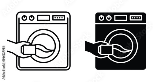 washing machine icon set showing hand pouring detergent into drum for laundry cleaning process household appliance maintenance and hygiene service