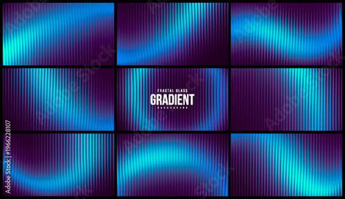 Set of futuristic neon fractal glass backgrounds with vibrant blue wavy gradients. Dynamic series of neon blue gradient backgrounds shaped by ribbed fractal glass for digital project and visual design