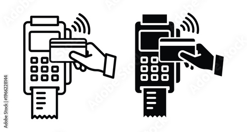 POS terminal icon set showing contactless credit card payment transaction with hand holding card near reader and receipt paper