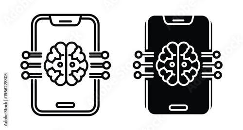 Mobile artificial intelligence smartphone brain icon set with circuit lines representing machine learning digital technology and smart phone processing