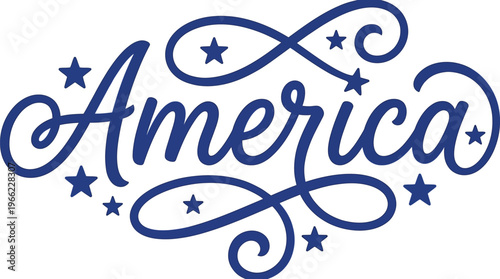 Ornate blue script spells the word America decorated with small stars isolated on a white background for patriotic design.