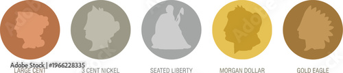 Five historical United States coin silhouettes display various metallic color fills on circular backgrounds.
