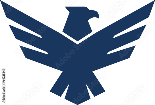 Stylized dark blue silhouette of a broad-winged raptor bird in a modern geometric design for an emblem or logo concept.