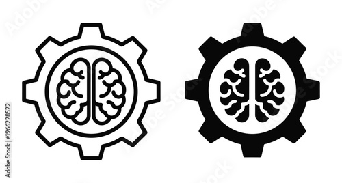 Brain inside gear icon set representing human intelligence engineering mental process cognitive technology automation logic strategy and creative thinking development