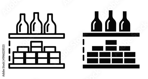 Grocery store shelf icon set with bottles and canned food products on display for retail shop pantry storage organization symbol