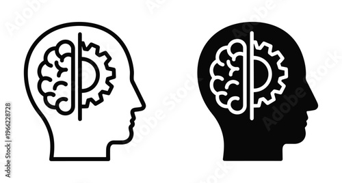Human head profile icon set with brain and gear symbols representing mental health logic engineering psychology cognitive process and automation