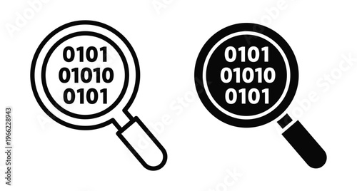 Magnifying glass icons with binary code representing data analysis software development digital security information search and computer programming inspection tools