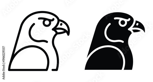 Hawk head icon set featuring minimalist outline and solid silhouette designs for eagle falcon or bird of prey logo branding