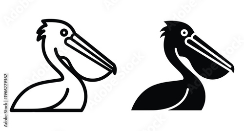 Pelican bird icon set featuring outline and solid silhouette designs for wildlife nature conservation aquatic animal logo and graphic elements