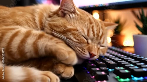 Sleeping Orange Cat on Keyboard Closeup.