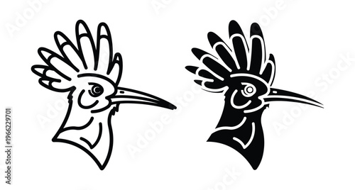 Hoopoe bird head vector illustration set featuring minimalist line art and solid silhouette designs for nature logos and wildlife branding