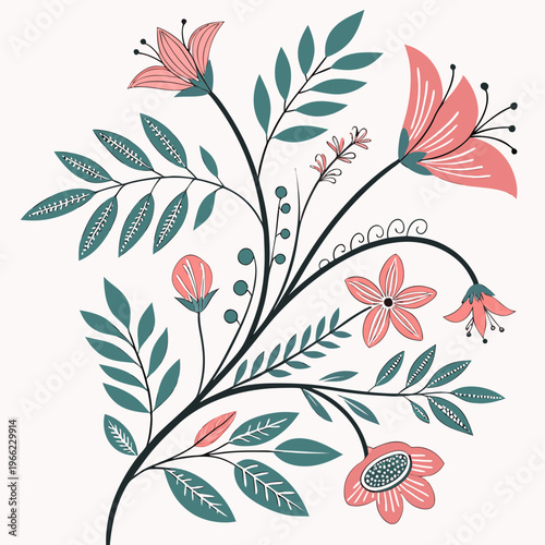 Retro floral ornament in naive style. Botanical decorative elements with silhouettes of leaves and flowers and organic shapes. Hand drawn doodle vector illustration collection isolated on .