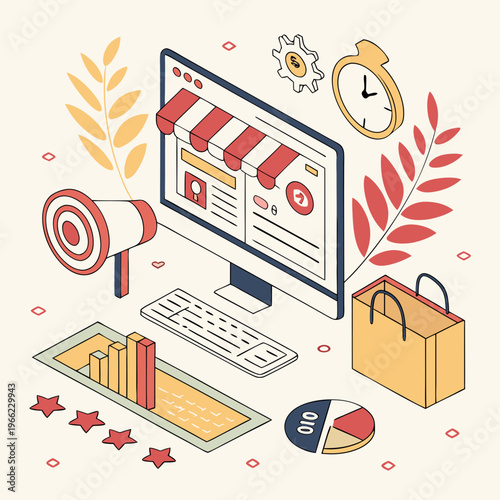 Digital Marketing banner. Landing page or website layout with computer, emoji, charts and diagrams. E commerce and online advertising. Internet promotion. 3D vector illustration in plasticine .