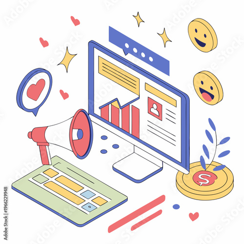 Digital Marketing banner. Landing page or website layout with computer, emoji, charts and diagrams. E commerce and online advertising. Internet promotion. 3D vector illustration in plasticine .