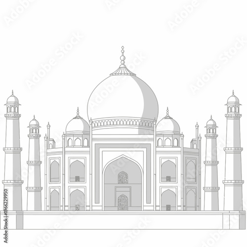 Taj Mahal Line Art Drawing Isolated on White Background.