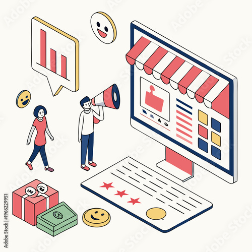 Digital Marketing banner. Landing page or website layout with computer, emoji, charts and diagrams. E commerce and online advertising. Internet promotion. 3D vector illustration in plasticine .