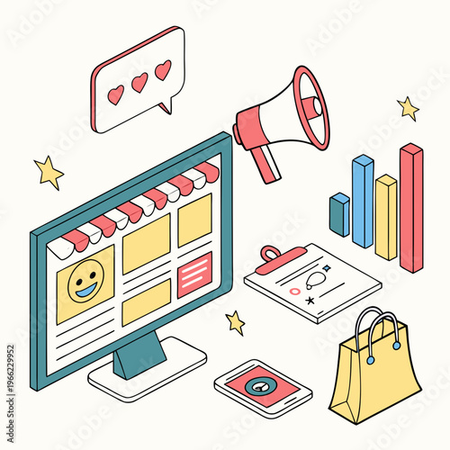 Digital Marketing banner. Landing page or website layout with computer, emoji, charts and diagrams. E commerce and online advertising. Internet promotion. 3D vector illustration in plasticine .